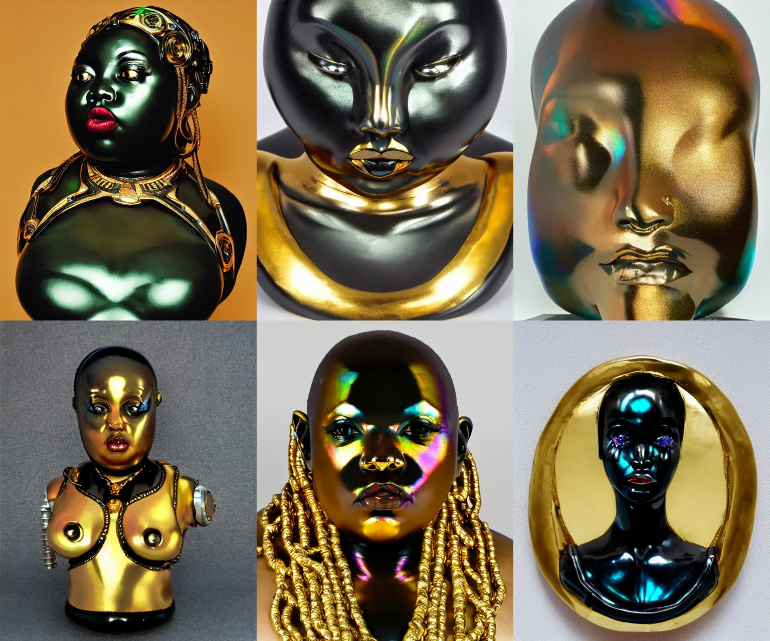 Prompt: intricate slightly iridescent and tanslucent hyperrealistic onyx and gold bust of futuristic obese beautiful cybernetic black girl angry empress, museum piece, 3 5 mm film photograph