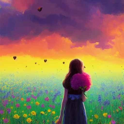 Image similar to girl with giant flower as a face and flower dress, standing in a flower field hills, big trees, sunrise dramatic light, impressionist painting, colorful clouds, digital painting, pointillism, artstation, simon stalenhag