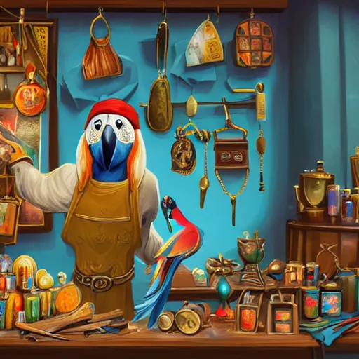 Image similar to Anthropomorphized parrot trader in his shop, selling his wares, portrait, items, magic potions, carpet, window, sly expression , cunning expression, cute expression, blue eyes, long thick shiny gold beak, presenting wares, holding a gold bag, D&D, fantasy, cinematic lighting, highly detailed, digital painting, artstation, concept art, smooth, sharp focus, illustration, warm light, cozy warm tint, magic the gathering artwork, volumetric lighting, 8k, art by Akihiko Yoshida, Greg Rutkowski