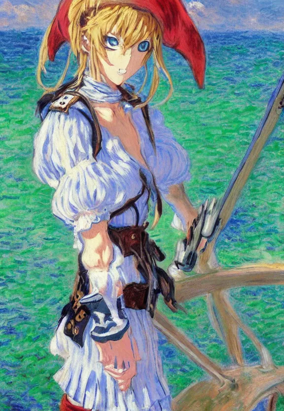 Image similar to wide angle painting of a female pirate, a thrifty uniform, somewhat of an anime in impressionist style, trending artwork, illustrated in anime painter studio, by claude monet and an anime artist, collaboration