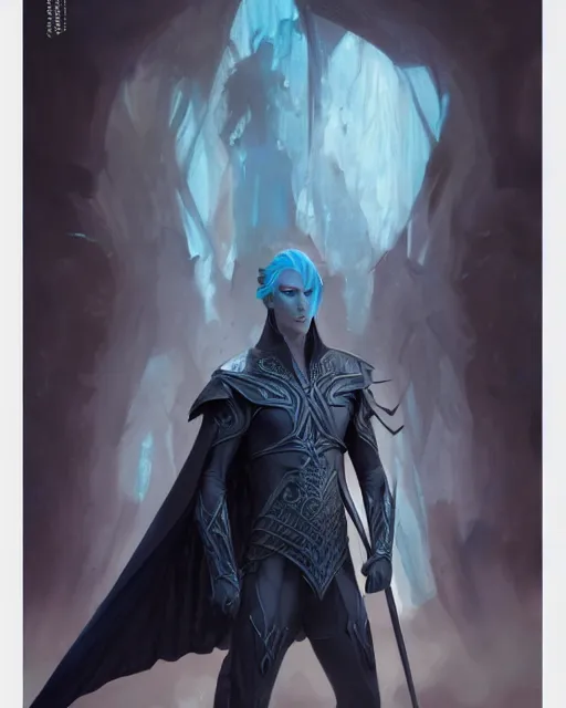 Image similar to character portrait of a slender young half elven man with white hair, piercing turquoise blue eyes, and pale blue skin, wearing sleek black armor, by greg rutkowski, mark brookes, jim burns, tom bagshaw, magali villeneuve, trending on artstation