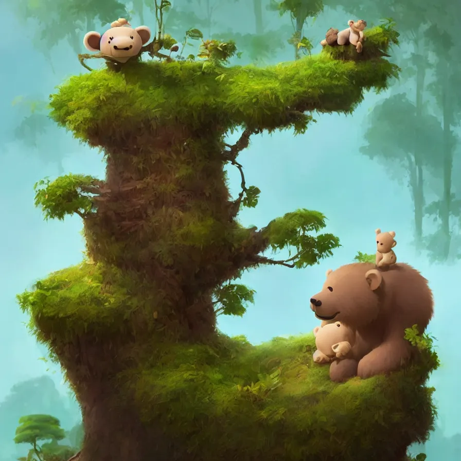 Image similar to A baby bear on top of a trunk that navigates the river of a jungle, art by Goro Fujita, ilustration, concept art, sharp focus, ArtStation, Deviantart