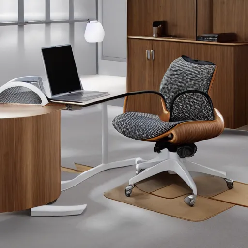 Image similar to office hair with white leather seat, circular curved wooden back, wheels, professional photography, 8k