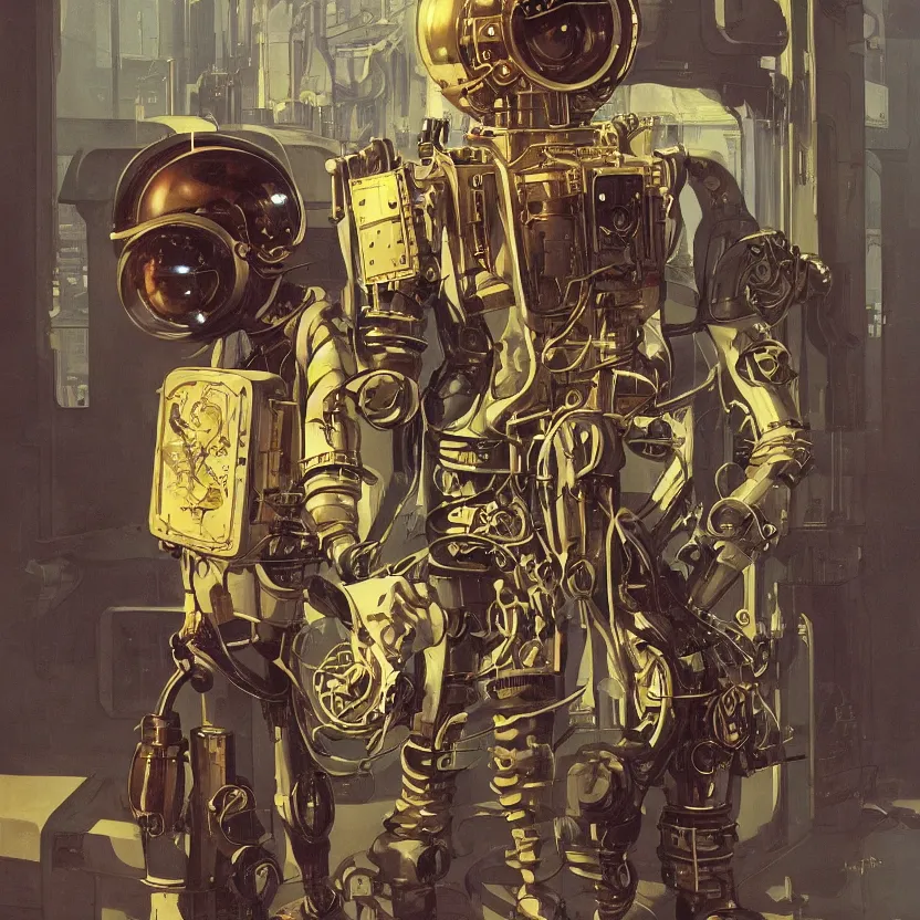 Image similar to steampunk robot boy with a retrofuturistic backpack by syd mead and norman rockwell. highly detailed digital art. retrofuturism. steampunk. beautiful lighting. trending on artstation.