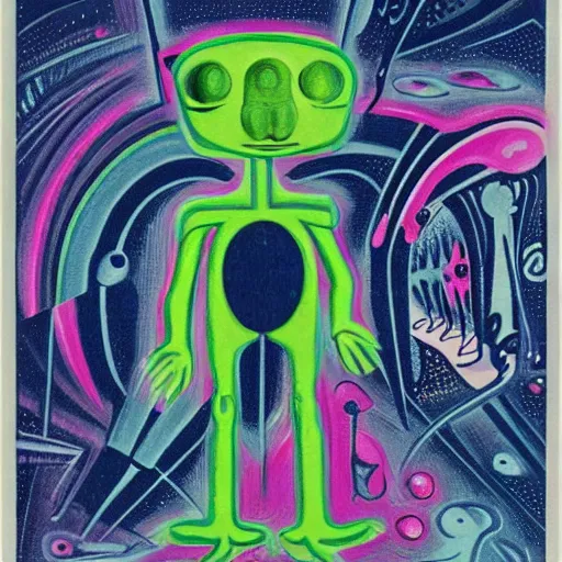 Image similar to a very strange humanoid alien on an alien world somewhere in the cosmos by kenny scharf and johannes itten,