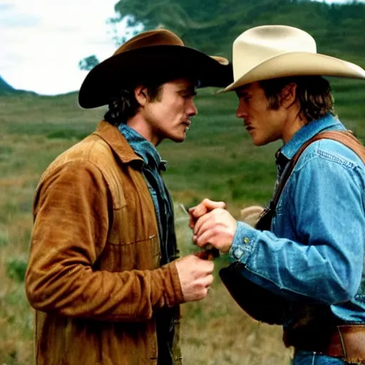 Image similar to a romantic scene from brokeback mountain starring josh hartnett as ennis del mar and heath ledger as jack twist