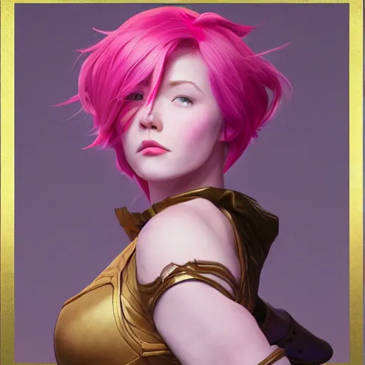 Prompt: VI from League of Legends of Arcane animated Series with short pink hair drawn by Donato Giancola and Makoto Shinkai, Edmund Leighton, Alphonse Mucha, background by James Jean and Gustav Klimt, 4k, porcelain skin, volumetric lighting, komorebi, french nouveau, trending on artstation, octane render, hyperrealistic