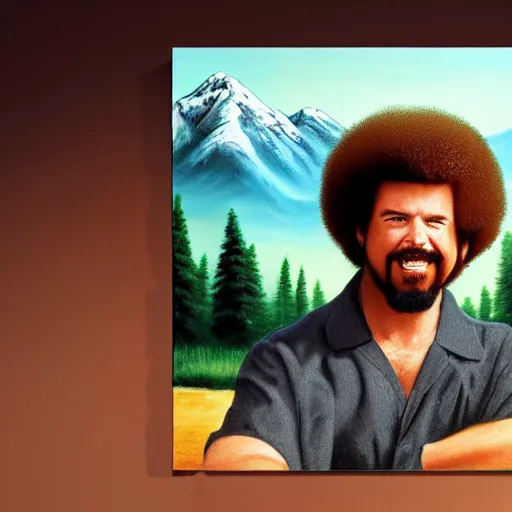 Image similar to a closeup photorealistic photograph of bob ross themed kenny powers playing baseball, a painting on a canvas. mountains and trees. film still. brightly lit scene. this 4 k hd image is trending on artstation, featured on behance, well - rendered, extra crisp, features intricate detail, epic composition and the style of unreal engine.