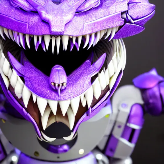 Image similar to high quality close up headshot of a cute beautiful stunning robot anthropomorphic female dragon, with sleek silver armor, purple flesh, glowing LED eyes, facing the camera, high quality maw open and about to eat you, you being dragon food, the open maw being detailed and soft, with purple mawflesh, sharp teeth, soft lulling tongue, highly detailed digital art, furry art, anthro art, sci fi, warframe art, destiny art, high quality, 3D realistic, dragon mawshot, maw art, furry mawshot, macro art, dragon art, Furaffinity, Deviantart