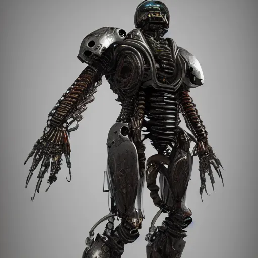 Image similar to a biomechanical knight, half machine half human, biopunk, DOOM inspired, realistic octane render, high detail