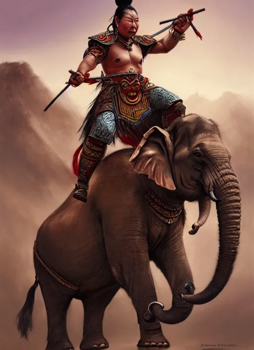 Image similar to portrait of a tai ethnic warlord rides an asian war elephant with emotional movement in the battlefield, historical, tai ethnic decoration, elegant, loin cloth, highly detailed, oil painting, artstation, concept art, matte, sharp focus, illustration, hearthstone, art by earl norem