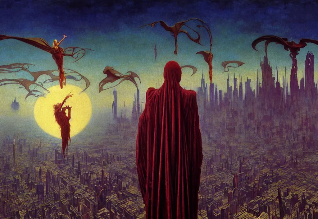 Image similar to realistic detailed portrait movie shot of a birdman wearing dark ragged robes, futuristic city sunrise landscape background by denis villeneuve, jean delville, yves tanguy, alphonse mucha, ernst haeckel, max ernst, roger dean, rich moody colours, cinematic closeup