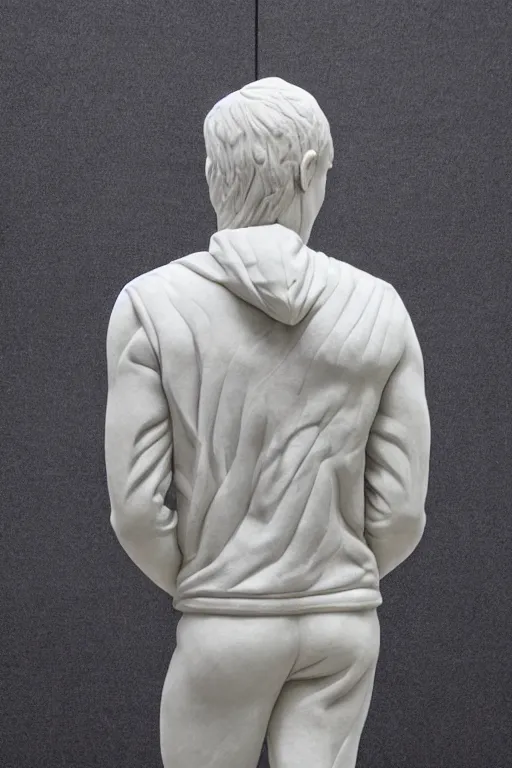 Image similar to marble sculpture of man in Adidas jacket sportswear, intricate sculpture, hands behind back, chiseled muscles, godlike, museum photo