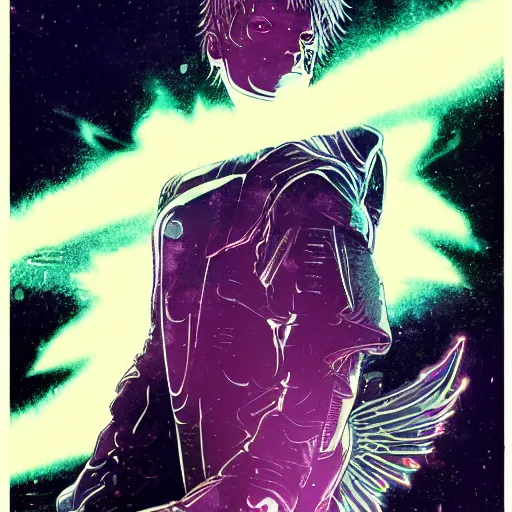 Prompt: white arc - angel with mystic robotic wings, blade runner, akira, ghost in the shell, 2 0 7 7, style of laurie greasley and satoshi kon + symmetric lights and smoke, psychedelic effects, glowing particles, neon rain, glowing runes, de - noise, symmetrical composition, high detailed + tarot card, ornate border, 8 k,