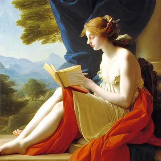 Prompt: a girl reading a book, hair flowing down, style of Jeff Easley Antonio Canova Ken Kelly Élisabeth Vigée Le Brun, 8K resolution