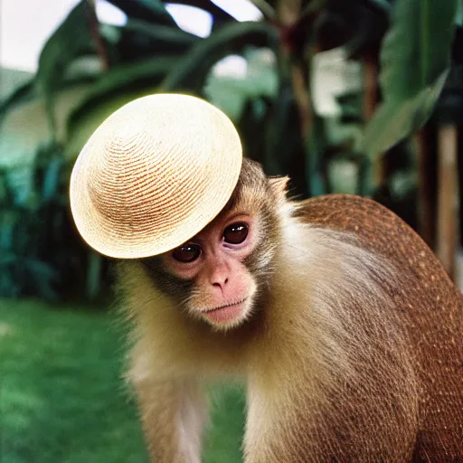 Prompt: A closeup film photography of a monkey cat wearing straw hat, photo bySlim Aarons, award winning, 4K