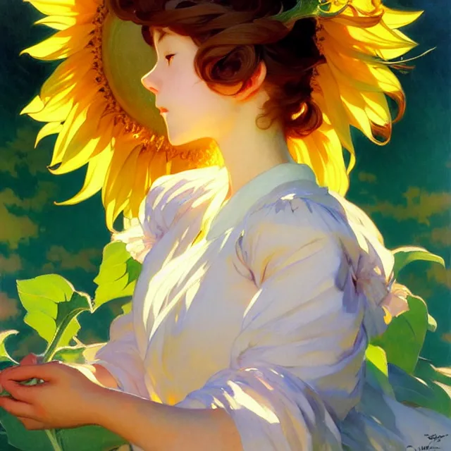 Image similar to beautiful sunflower anime girl, clouds, krenz cushart, mucha, ghibli, by joaquin sorolla rhads leyendecker, by ohara koson