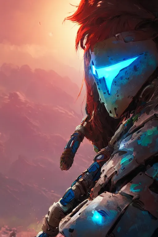 Image similar to combination suit armor aloy horizon forbidden west horizon zero dawn radiating a glowing aura global illumination ray tracing hdr fanart arstation by ian pesty and alena aenami artworks in 4 k tribal robot ninja mask helmet backpack