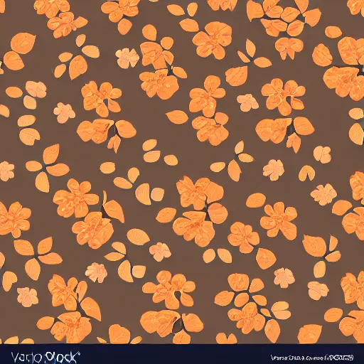 Image similar to repeating fabric pattern, minimalistic, miniature tiny orange and peach color flowers, brown vines and leaves