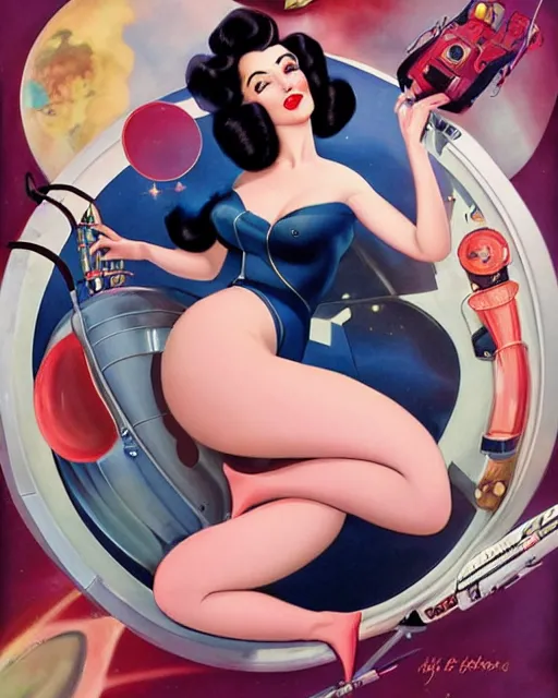 Image similar to retrofuturistic pinup model dita von teese as a varga girl posing on a space ship, in the style of anna dittmann and gil elvgren and alberto vargas.