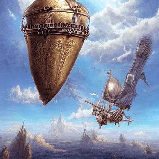 Image similar to steampunk airship flying through clear blue skies, epic fantasy art style HD