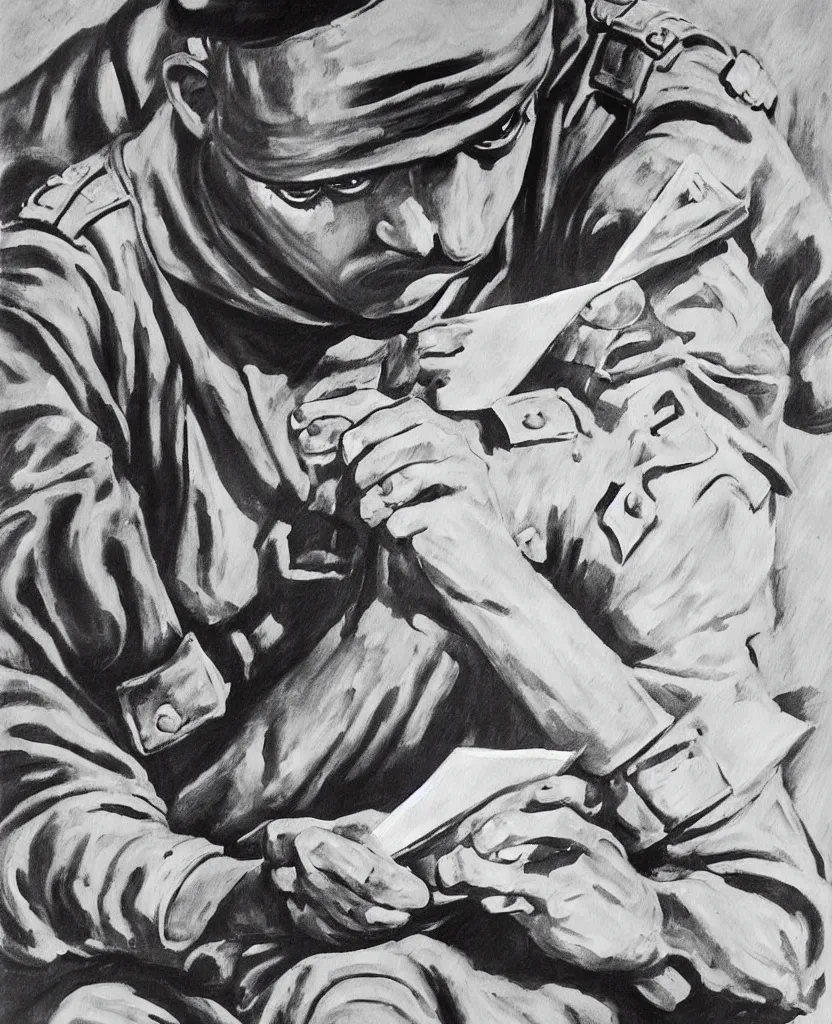 Prompt: a painting of soldier's hands writing a sad letter in el alamein battle, wwii,, black and white, bauhaus