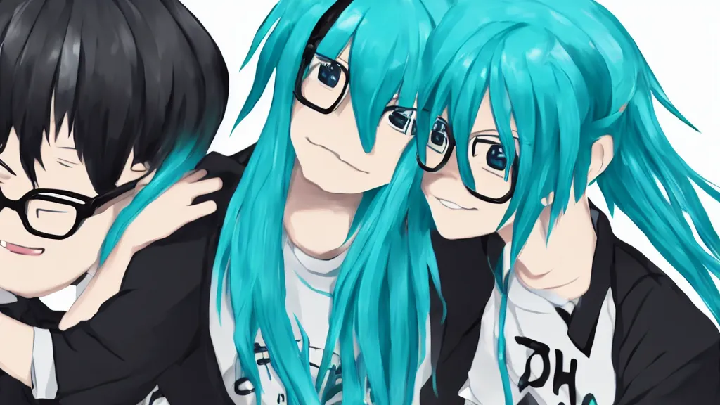 Prompt: Hatsune Miku hugging a young man with a beard and glasses, Vocaloid anime style