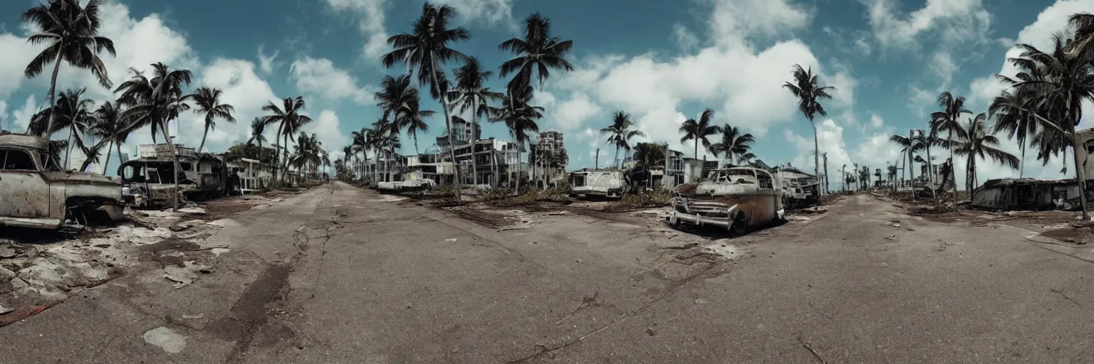 Image similar to wide angle shot of dilapidated fallout 5 miami, tropical coastal city in real life, desolate, dilapidated, empty streets, some rusted retro futuristic vintage styled parked vehicles like cars, buses, trucks, trams, sunny weather, few clouds, volumetric lighting, photorealistic, daytime, spring, sharp focus, ultra detailed