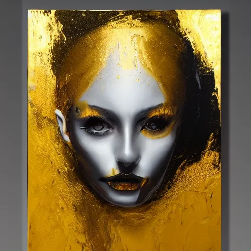 Prompt: liquid marble acrylic fluid paint, portrait, golden and black liquid materials, abstract art, beautiful female model standing, face with 3 eyes, semi realism, surreal