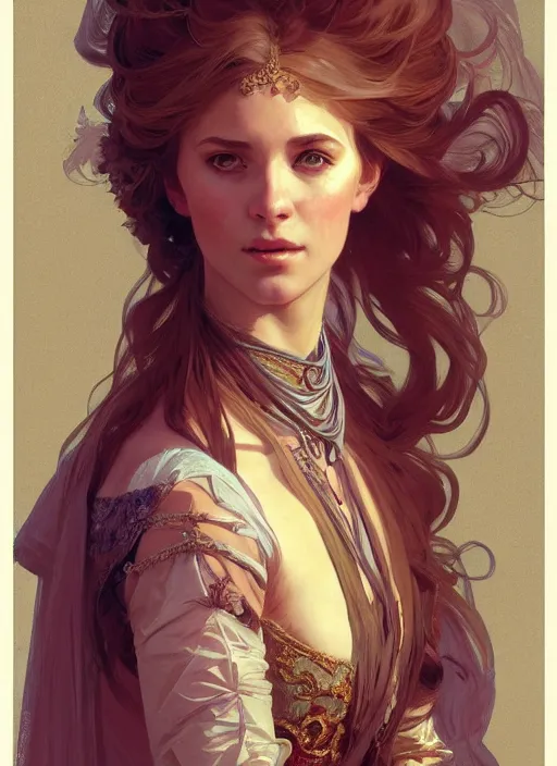 Image similar to portrait of a full body of young beautiful female princess, d & d, baroque dress, flat lighting, intricate, highly detailed, digital painting, artstation, concept art, smooth, sharp focus, illustration, art by simon bisley and greg rutkowski and alphonse mucha, natural tpose