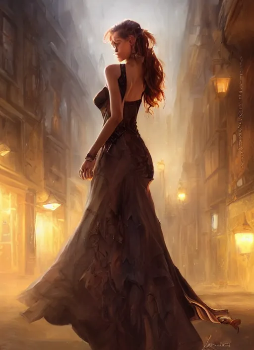 Image similar to a beauty woman walking on a dark city alley, full body, 8 k, hyperrealistic, hyperdetailed, fantasy portrait by laura sava