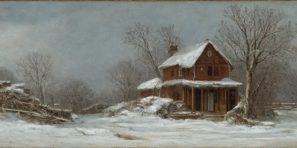 Image similar to a house during a severe winter, by george henry durrie