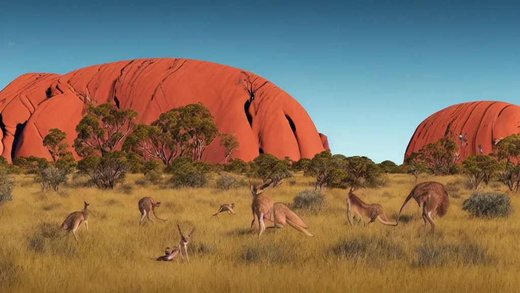 Prompt: australia, outback, uluru, kangaroos, ghibli style, makoto shinkai