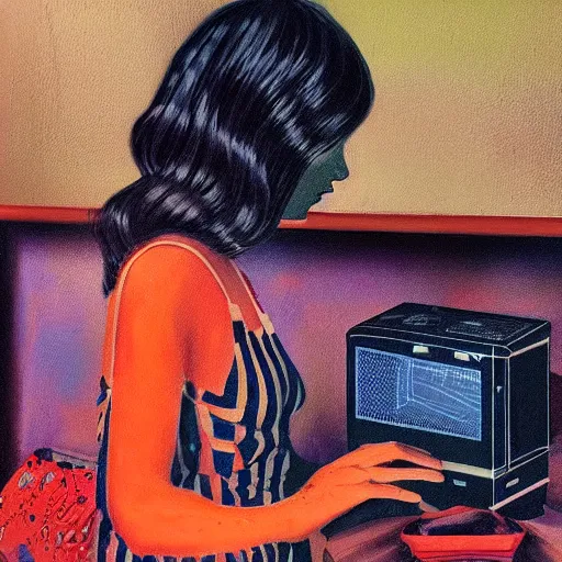 Prompt: computer girl is connected to her retro vintage computer by mycelium bio filament connections. oil painting and ultra realistic. the image transmit a sense of wonder and exploration. the art is incredibly detailed. the characters are all unique and interesting.