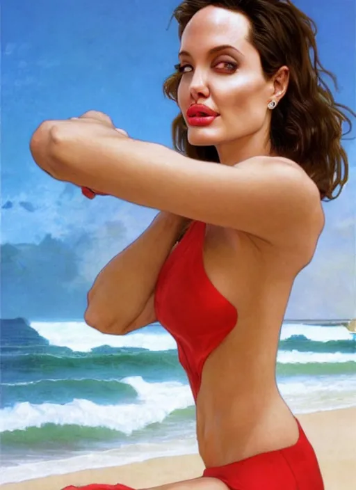 Prompt: portrait angelina jolie as sea lifeguard on the beach, full length shot, shining, 8k highly detailed, sharp focus, illustration, art by artgerm, mucha, bouguereau