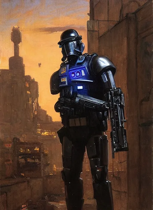 Prompt: Eliezer Nash. Menacing Cyberpunk police trooper wearing a combat vest and cybernetic combat gear. (dystopian, police state, Cyberpunk 2077, bladerunner 2049). Iranian orientalist portrait by john william waterhouse and Edwin Longsden Long and Theodore Ralli and Nasreddine Dinet, oil on canvas. Cinematic, vivid colors, hyper realism, realistic proportions, dramatic lighting, high detail 4k