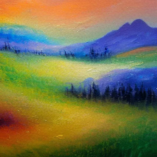 Image similar to impressionistic oil painting of rainbow - hued fog over a valley