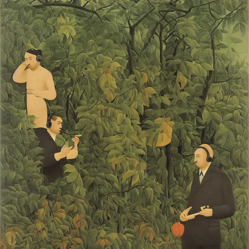 Image similar to i, a man wearing headphone and playing his iphone, by henri rousseau