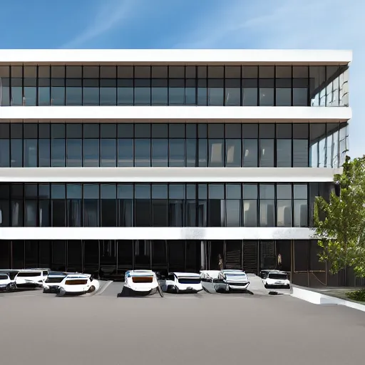 Image similar to second story cantilevered white brutalist office on top of 2 large piers, large windows, elegant, white stone, proportion, golden ratio, epic composition, steel window mullions, digital illustration, cars parked underneath 1 6 : 9