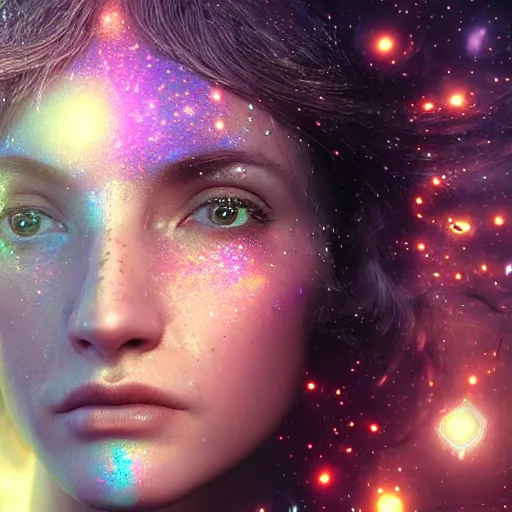 Prompt: woman portrait made out of galaxies, beautiful, cyborg, cinematic, comic book art, realistic, highly detailed, octane render, unreal engine