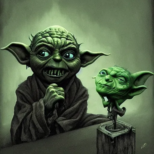 Image similar to horror goblin yoda, black blood dripping, creepy background, by john kenn mortensen and zdizslaw beksinski