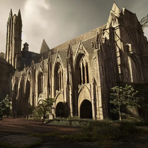 Prompt: imposing abbey, realistic, highly detailed, hd, unreal engine, guillermo del toro