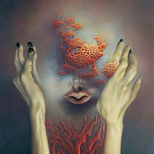 Image similar to dramatic portrait painting of woman with black mandelbrot fractal instead of face, in style of zdzisław beksinski, horror, body horror, dark, disturbing,