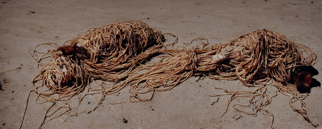 Prompt: a rotting animal carcass wrapped in spaghetti, vulture eating, hot pavement in the desert, canon 5 0 mm, high detail, intricate, sunny, cinematic lighting, photography, wes anderson, film, kodachrome