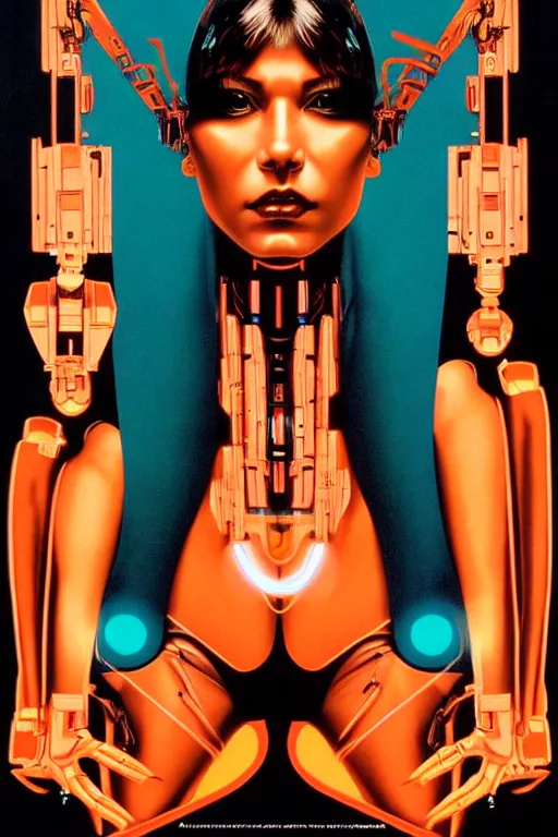 Prompt: cyborg art by Hajime Sorayama and Artemisia Gentileschi, centered, symmetrical, led, teal and orange, bilateral symmetry, third person, 70s poster, blade runner, kubrik, 2D matte illustration