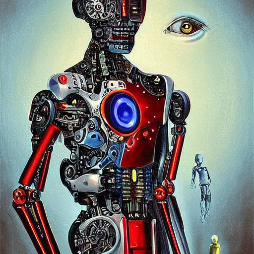 Prompt: half cyborg robot half human boy, surrealism painting art