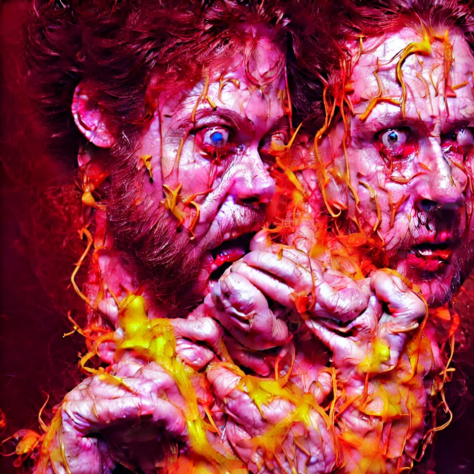 Image similar to bright psychedelic charlie kaufman eating rotten flesh, crying tears of blood and puking, diffuse lighting, fantasy, intricate, elegant, highly detailed, lifelike, photorealistic, digital painting, artstation, illustration, concept art, smooth, sharp focus, art by francis bacon