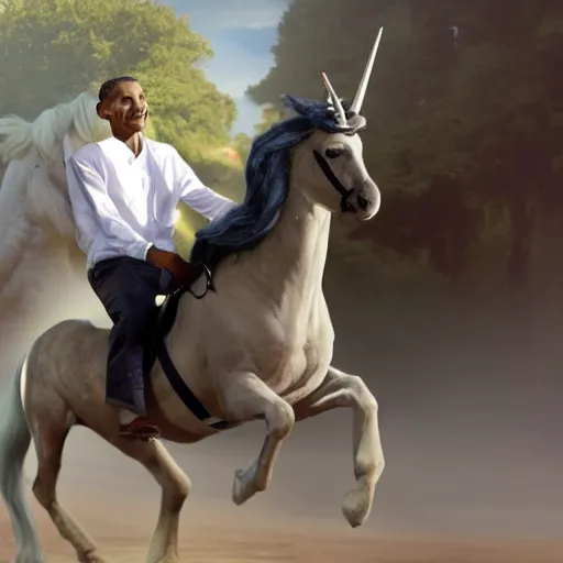 Image similar to film still of obama riding on a unicorn, movie still, 4 k 8 k, realisitc