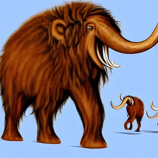 Prompt: a wooly mammoth fighting a herd of saber tooth lions, illustration, digital art