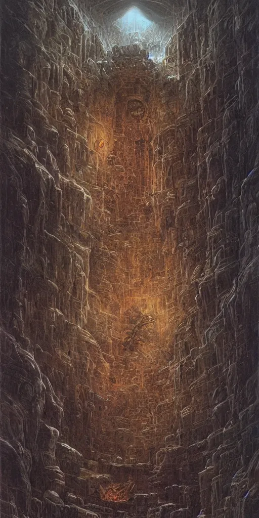 Image similar to Artwork by John Howe of the cinematic view of the Chaotic Oubliette of the Demon King.